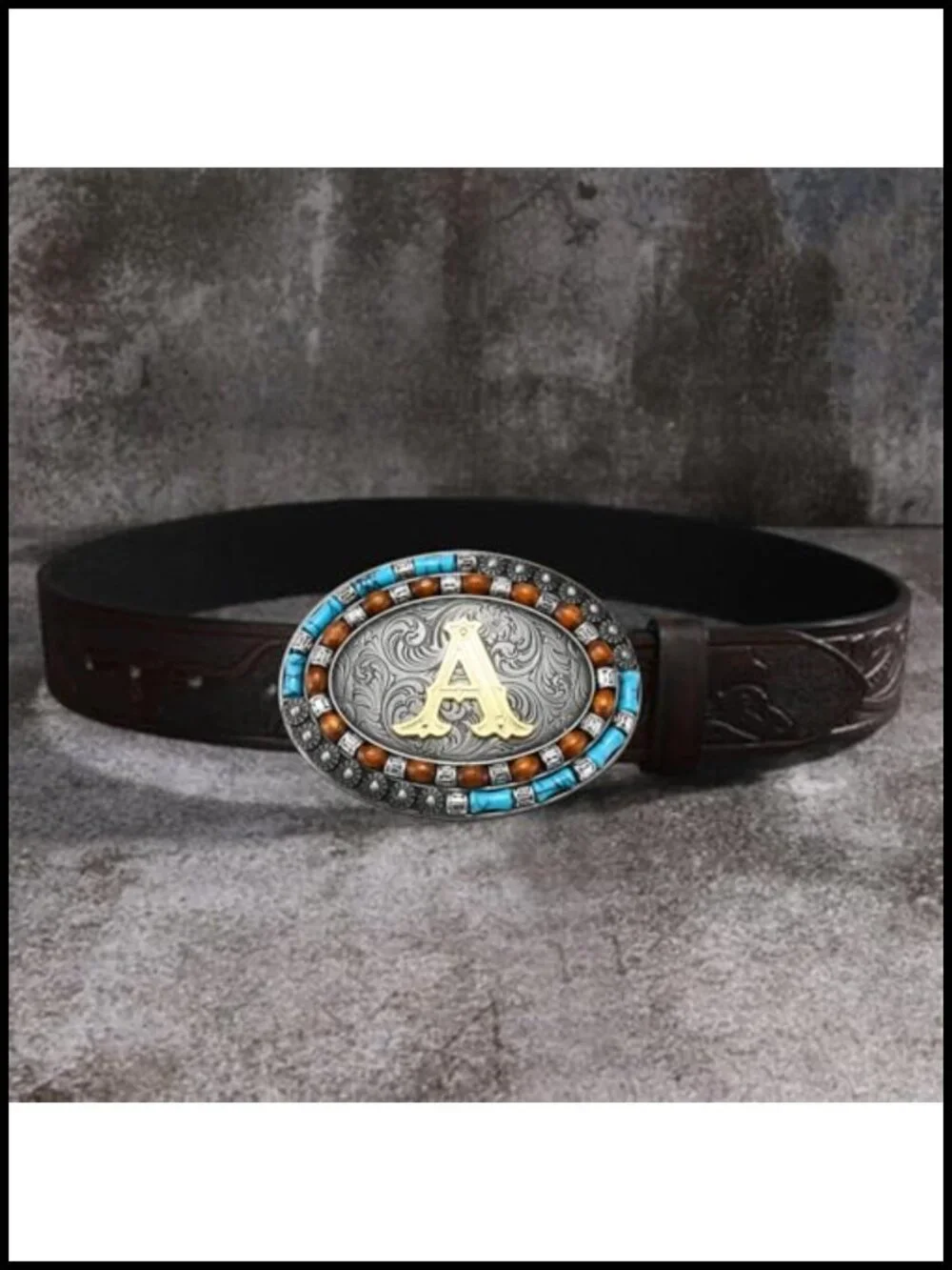 Western Initial Letter Belt Buckle Zinc Alloy Turquoise Design Fits 1.5